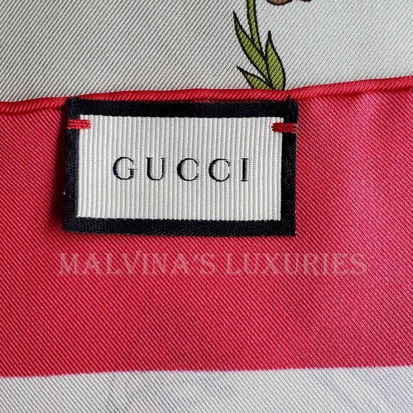 GUCCI SCARF FLORA GOTHIC PRINT IVORY SILK RASPBERRY BORDER SQUARE 35" - Picture 14 of 15